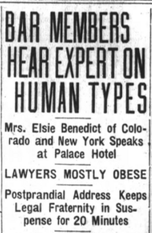 A 1919 newspaper article on Elsie Lincoln Benedict's lecture.