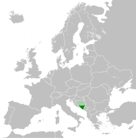 La Bosnie (vert clair) et l'Herzégovine (vert foncé) à l'échelle de l'Europe.