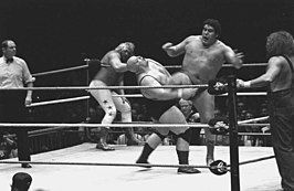 v.l.n.r. scheidsrechter, Big John Studd, King Kong Bundy, André the Giant en Hillbilly Jim