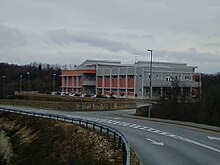 A picture off the highway of the elementary school in Dobrinj