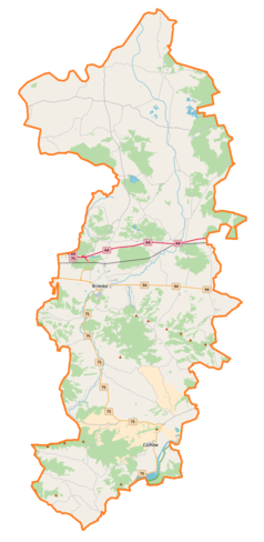 Mapa konturowa powiatu brzeskiego, w centrum znajduje się punkt z opisem „Mokrzyska”