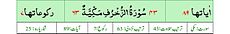 Qurʼon nusxalaridan biridagi Zuxruf surasi sarlavhasi. Yuqorida oʻngdan: 1. Oyati 89, 2. Markazda qizil rangda sura tartib raqami 43, qora rangda - Zuxruf surasi va Makkiy, qizil rangda nozil boʻlgan tartibi - 63, 3. Rukuʼsi soni - 7; Pastda oʻngdan: 1. Sura:Makkiy, 2. Tilovat tartibi:43, 3. Nozil boʻlish tartibi:63, 4. Rukuʼsi:7, 5. Oyati:89, 6. Porasi (Juzi):25 deb koʻrsatilgan.