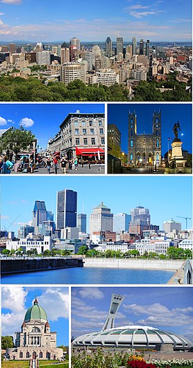 No topo: Centro de Montreal; Velha Montreal; Basílica de Notre-Dame; Porto-Velho de Montreal; Oratório de São José; Estádio Olímpico de Montreal.