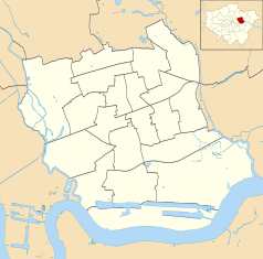 Mapa konturowa gminy Newham, w centrum znajduje się punkt z opisem „Boleyn Ground (Upton Park)”