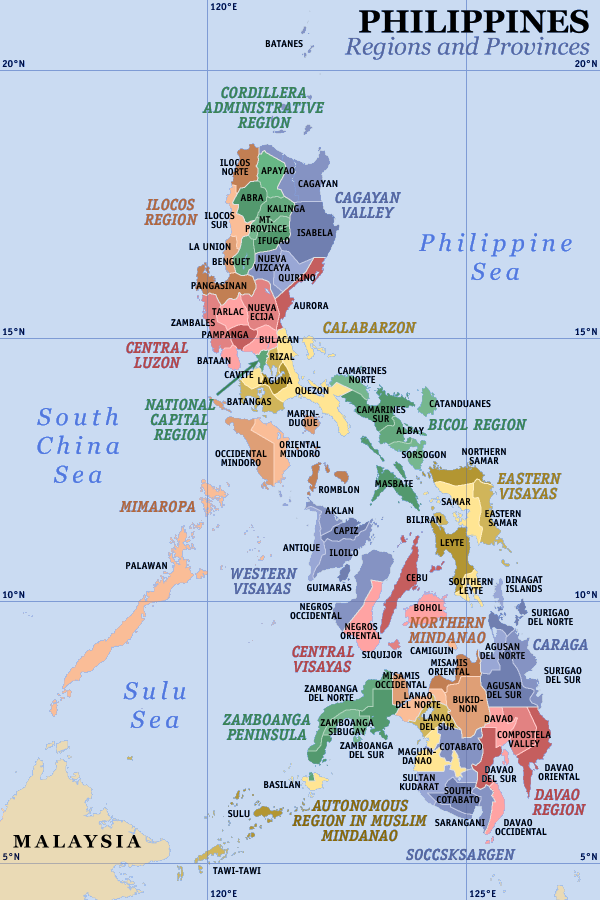 A clickable map of the Philippines exhibiting its 17 regions and 80 provinces.