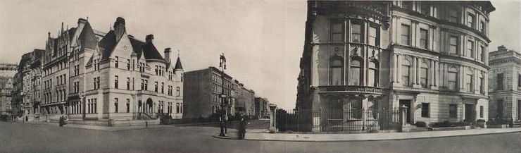 Panoramic image of the intersection of Fifth Avenue and 79th Street. The Sinclair House is just to the right of the center of the photograph.