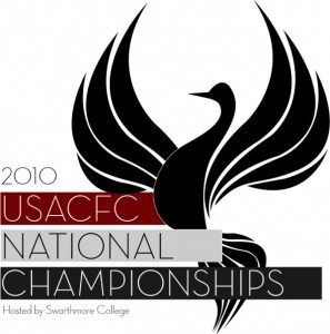 Three bars with texts read USACFC National Championships. Next to the bars the silhouette of a swan or large bird with its wings outstretched and pointed upwards.