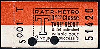 Historische Erste-Klasse-Fahrkarte der Métro Paris zum ermäßigten Preis, durch Lochung entwertet