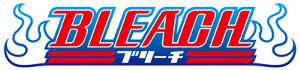 The word "BLEACH" is in red block letters with blue outlines. Below it are two horizontal lines interrupted in the middle by various typographical characters. On either side of the word are blue outlines of flames.