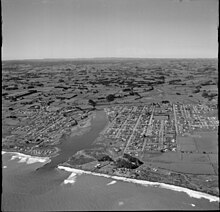 Aerial photo of Waitara, New Zealand by White's Aviation in 1958