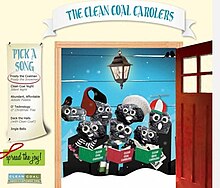 Cartoon of seven lumps of coal in Christmas-themed attire, standing in an open doorway with songbooks, singing. A banner says "The Clean Coal Carolers".