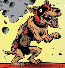 A comic illustration of a brown dog with a black and red mask. It has a bulging left eye, its tongue hangs out of its mouth, and the tip of its tail has exposed bones.