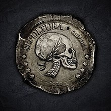 The obverse side of an ancient-looking tarnished silverish coin featuring a side-view portrait of the head and neck a skeleton looking to the right and wearing a laurel wreath. The visual portion of the skull's neurocranium features a simple map of the Western hemisphere. The emblem of the coin, which wraps most of the way around the coin, has, in order, four stars, SEPULTURA, QUADRA, and then four more stars. A hole appears between SEPULTURA and QUADRA. Below the portrait is the year 2020. The coin appears against a rough dark gray sooty-looking background.