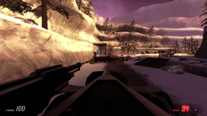 Screenshot of Entropy: Zero 2, demonstrating a vehicle combat section from the game, in which the player is using an APC to eliminate a group of rebels.