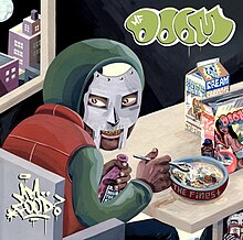 Illustration of a masked man sitting down at a table eating from packaged foods.