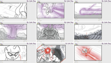 Nine panels from a storyboard of "Twilight's Kingdom" depicting an action sequence between Twilight and Tirek