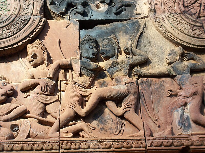 File:Stone bas relief at Banteay Srei in Cambodia from front.jpg