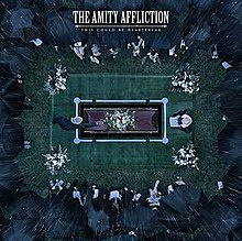 The cover shows an overhead perspective of a brown casket with flowers on top, being surrounded by black umbrellas. The band's name and album title appear above the casket, colored in white.