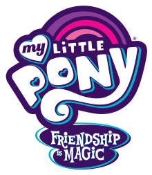 Logo for the television series "My Little Pony: Friendship is Magic". The words "My Little Pony", and beneath them a subtitle reading "Friendship is Magic. There is a pink, magenta and red rainbow behind the words.