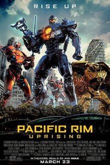 The four Jaeger robots are preparing for battle in the destroyed city with the weapons. The film's tagline, "Rise up", is displayed along the top.