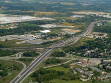 An aerial view of a freeway interchange