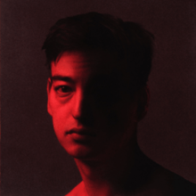 The textless cover art shows the artist looking in red and black, in a dark red background.