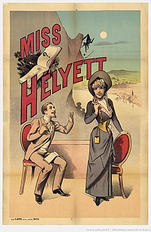 theatre poster showing a young man with neat moustache and beard, seated and looking up at a young woman in severely sober grey dress and hat