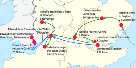 Map of the route for the 1326 invasion of England by Roger Mortimer and Queen Isabella