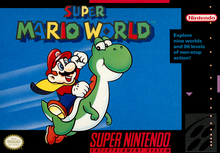 Mario is wearing a yellow cape and is riding the green dinosaur Yoshi, who looks back at Mario. The multicoloured logo is above the two characters, all of which is behind a blue background.