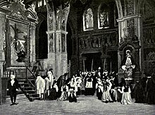 Scene depicting a church interior with high stained-glass windows and heavy ornamental columns. The central figure is a high dignatory around whom several figures are kneeling, while in the background can be seen the tall pikes of the Swiss Guard.