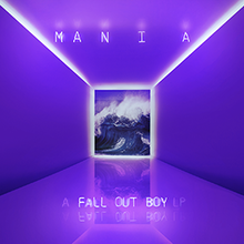 A reflective purple hallway extends far into view. Right at the end, cutting the scene into two parts, we see an image of the crest of purple waves. Around the waves in a square are neon purple lights. At the top half we see "MANIA" with progressively larger spacing between each of the letters. The bottom half has text that reads "A fall out boy LP" although "a" and "LP" are in a much lower opacity than the band name