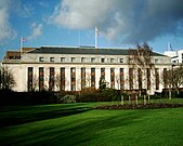 Art Deco building with lawns in foreground