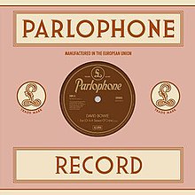 The cover art for David Bowie's 2014 single "Sue (Or in a Season of Crime)", featuring "Parlophone Record" in big letters on the top and bottom, with an LP disc in the center with the artist and song title