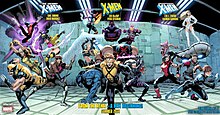 From within a warehouse, each labeled team is grouped together and lunging forwards with some displaying their abilities. The Uncanny X-Men are on the left, the X-Men are in the middle and Exceptional X-Men. The creative teams are listed under their respective series titles; the Marvel logo is on the bottom left, "From the Ashes - A New Beginning Summer 2024" at the center bottom, and poster's artists are listed on the bottom right.