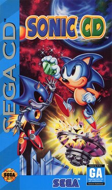 Cover art depicting Sonic fighting Metal Sonic for one of the Time Stones. The game's logo is shown atop the two; the Sega CD banner is on their left; and beneath them is the Sega logo, Seal of Quality, and the game's rating.