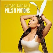 Cover art for "Pills N Potions": Minaj in front of a yellow background, wearing bunny ears