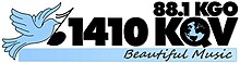 88.1 KGO 1410 KQV Beautiful Music logo with a blue dove carrying a music note on the left and a world map inside the Q