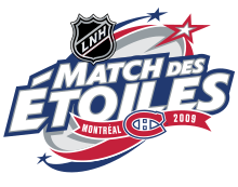 Logo du Match des étoiles 2009 : les mots Matchs des étoiles avec le logo de la LNH, celui des Canadiens de Montréal et l'inscription Montréal 2009.