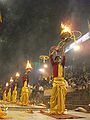 Aarti raised up during evening Ganga aarti, Varanasi.