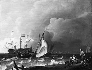 Turbulent Sea with Ships label QS:Len,"Turbulent Sea with Ships" label QS:Lpl,"Niespokojne morze ze statkami" label QS:Lnl,"Woelige zee met schepen" 1692. oil on canvas medium QS:P186,Q296955;P186,Q12321255,P518,Q861259 . 53.5 × 69 cm (21 × 27.1 in). Amsterdam, Rijksmuseum Amsterdam.