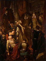 Killing of Wapowski during the coronation of Henry of Valois label QS:Len,"Killing of Wapowski during the coronation of Henry of Valois" label QS:Lpl,"Zabicie Wapowskiego w czasie koronacji Henryka Walezego" 1861, 132 × 101 cm