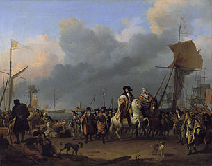 The arrival of King-Stadholder Willem III in the Oranjepolder, 31 January 1691 label QS:Len,"The arrival of King-Stadholder Willem III in the Oranjepolder, 31 January 1691" label QS:Lnl,"De aankomst van koning-stadhouder Willem III in de Oranjepolder, 31 januari 1691" 1692. oil on canvas medium QS:P186,Q296955;P186,Q12321255,P518,Q861259 . 53.5 × 67.5 cm (21 × 26.5 in). The Hague, Royal Picture Gallery Mauritshuis.