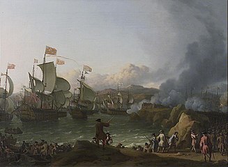 The Battle of Vigo Bay, 12 October 1702 label QS:Len,"The Battle of Vigo Bay, 12 October 1702" label QS:Lpl,"Bitwa w Vigo Bay, 12 października 1702" label QS:Lnl,"De zeeslag in de baai van Vigo, 12 oktober 1702" circa 1702 date QS:P,+1702-00-00T00:00:00Z/9,P1480,Q5727902 . oil on canvas medium QS:P186,Q296955;P186,Q12321255,P518,Q861259 . 48.3 × 68.6 cm (19 × 27 in). London, National Maritime Museum.