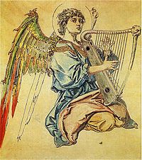 Angel playing the harp label QS:Len,"Angel playing the harp" label QS:Lpl,"Anioł grający na cytrze" (Cardboard for polychrome to St. Mary's Church) watercolor medium QS:P186,Q22915256 , 1895, 128.5 × 117 cm (50.5 × 46 in)