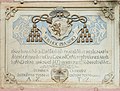 English: Marble plaque with the coats of arms of the archbishop of Salzburg and the Latin inscription of the two donators Deutsch: Marmortafel über der Einfahrt mit dem Wappen des Salzburger Erzbischofs und lateinische Widmungs-Inschrift der beiden Stifter