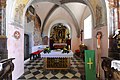 English: Choir square under the steeöle with gothic frescos and late gothic baptismal font in the parish church Saint Lambertus Deutsch: Turm-Chorquadrat mit gotischen Fresken und spätgotischem Taufbecken in der Pfarrkirche Heiliger Lambert