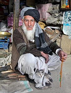 An Afghan elder sits outside his shop at the Anaba bazaar in Panjshir Province, Afghanistan