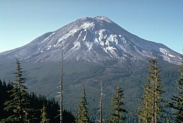 Mount St. Helens – a stratovolcano in the U.S. state of Washington – the day before the May 18, 1980 eruption that removed much of the top of the mountain.