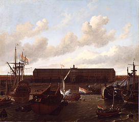 The dock of the Dutch East India Company at Amsterdam label QS:Len,"The dock of the Dutch East India Company at Amsterdam" label QS:Lpl,"Przystań holenderskiej Kompanii Wschodnioindyjskiej w Amsterdamie" label QS:Lnl,"De werf van de Verenigde Oost-Indische Compagnie te Amsterdam" 1696. oil on canvas medium QS:P186,Q296955;P186,Q12321255,P518,Q861259 . 126 × 140 cm (49.6 × 55.1 in). Amsterdam, Amsterdam Museum.