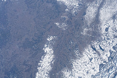 View from ISS, valley of river Lech, Alps Augsburg in der Schotterebene des Lechs (rechts der Bildmitte) mit Blick zu den Bergen im Süden bei Füssen